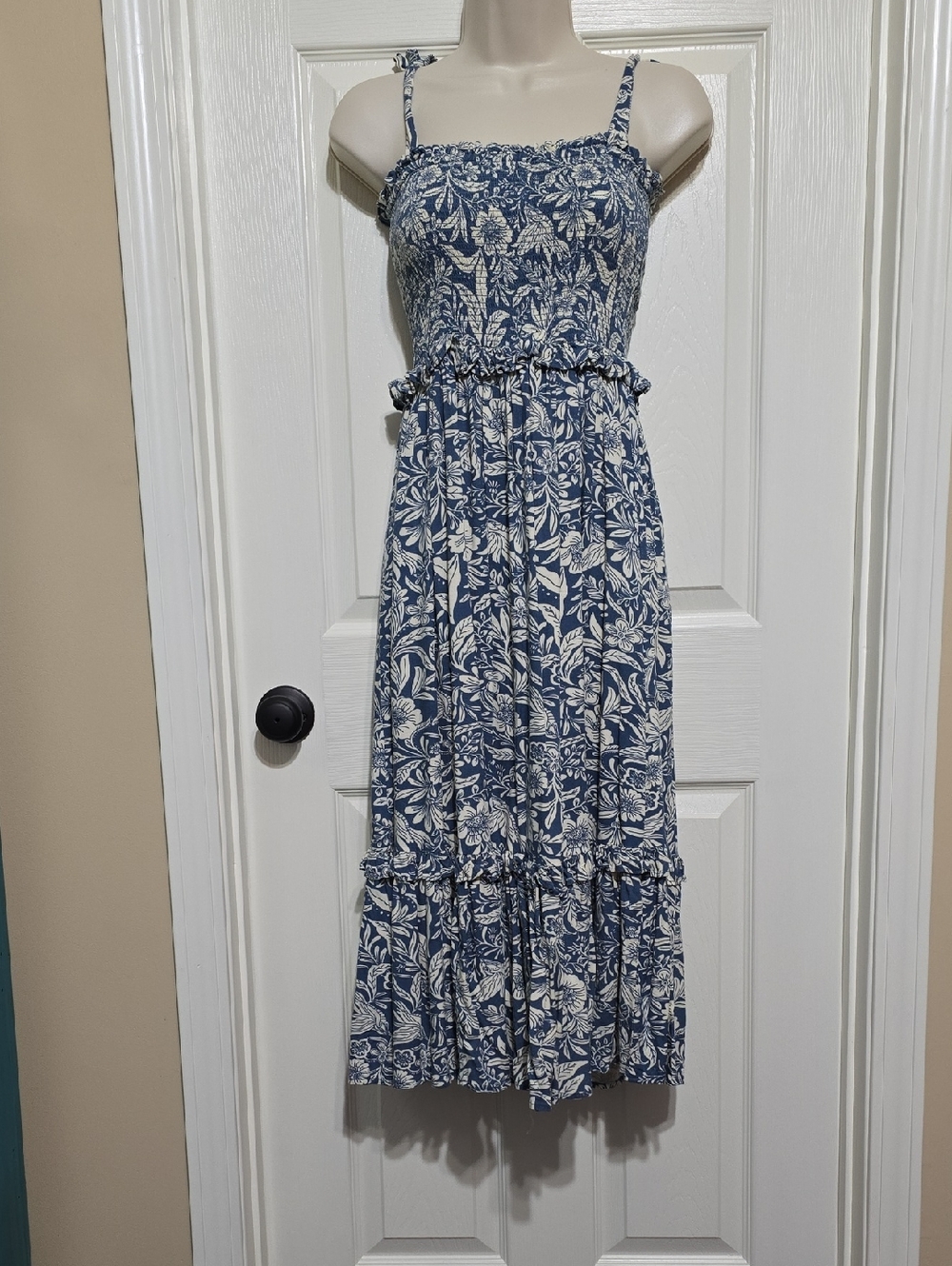 Patrons Of Peace Sleeveless Blue Floral Smocked Midi Dress